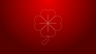 Yeşil çizgi Dört yapraklı yonca simgesi kırmızı arkaplanda izole edildi. Mutlu Aziz Patrick günleri. 4K Video hareketli grafik canlandırması