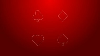 Yeşil çizgi kırmızı arkaplanda izole edilmiş kart simgesi çalıyor. Kumarhane kumarı. 4K Video hareketli grafik canlandırması