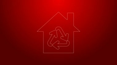 Kırmızı arkaplanda yeşil çizgili sembol simgesi olan Eco House. Geri dönüşüm oklarıyla ekoloji evi. 4K Video hareketli grafik canlandırması