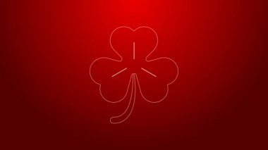 Yeşil çizgi Dört yapraklı yonca simgesi kırmızı arkaplanda izole edildi. Mutlu Aziz Patrick günleri. 4K Video hareketli grafik canlandırması