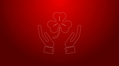 Yeşil çizgi insan eli kırmızı arka planda dört yapraklı yonca simgesini tutuyor. Mutlu Aziz Patrick günleri. 4K Video hareketli grafik canlandırması