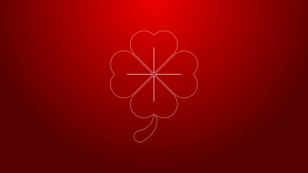 Green line Four leaf clover icon isolated on red background. Happy Saint Patrick day. 4K Video motion graphic animation — Stock Video