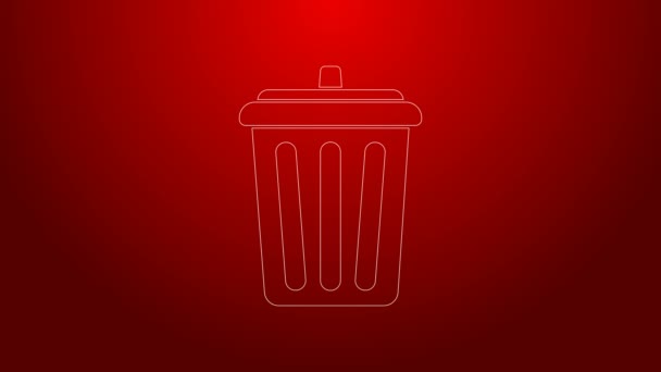 Línea verde Basura puede icono aislado sobre fondo rojo. Cartel de basura. Reciclar icono de cesta. Icono de basura de oficina. Animación gráfica de vídeo 4K — Vídeo de stock