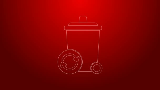 Zielona linia Kosz na śmieci z ikoną symbolu recyklingu na czerwonym tle. Ikona kosza na śmieci. Znak śmietnika. Znak kosza na śmieci. 4K Animacja graficzna ruchu wideo — Wideo stockowe
