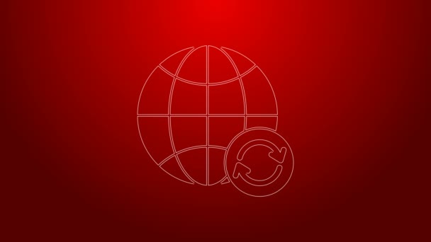Green line Planet earth and a recycling icon isolated on red background. Environmental concept. 4K Video motion graphic animation — Stock Video