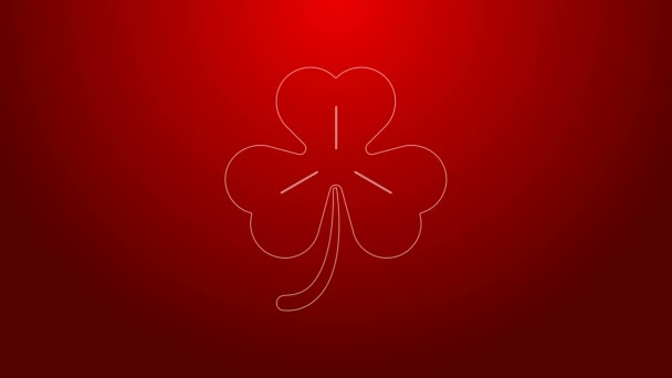 Green line Four leaf clover icon isolated on red background. Happy Saint Patrick day. 4K Video motion graphic animation — Stock Video