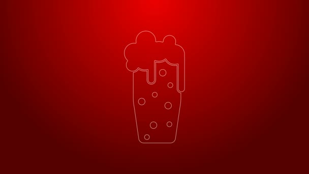 Green line Glass of beer icon isolated on red background. 4K Video motion graphic animation — Stock Video
