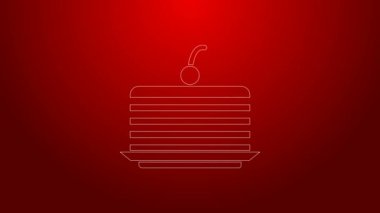 Kırmızı arkaplanda yeşil çizgi kek simgesi izole edildi. Doğum günün kutlu olsun. 4K Video hareketli grafik canlandırması