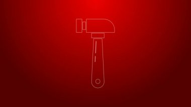 Yeşil çizgi çekiç simgesi kırmızı arkaplanda izole edildi. Tamir için bir araç. 4K Video hareketli grafik canlandırması
