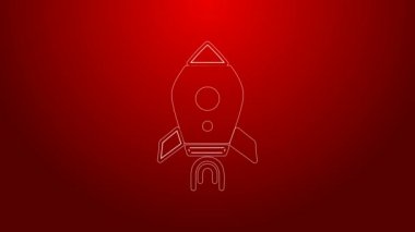 Kırmızı zemin üzerinde ateş ikonu olan yeşil çizgi roket gemisi. Uzay yolculuğu. 4K Video hareketli grafik canlandırması
