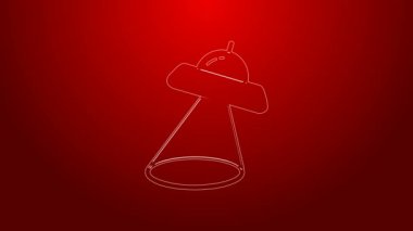 Yeşil çizgi UFO uçan uzay gemisi simgesi kırmızı arkaplanda izole edildi. Uçan daire. Uzaylı uzay gemisi. Gelecekteki bilinmeyen uçan nesne. 4K Video hareketli grafik canlandırması