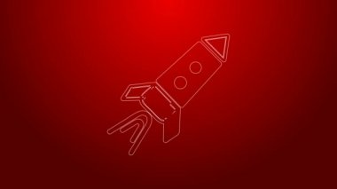 Kırmızı zemin üzerinde ateş ikonu olan yeşil çizgi roket gemisi. Uzay yolculuğu. 4K Video hareketli grafik canlandırması