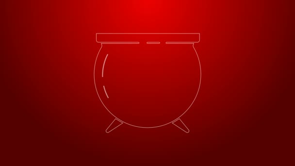 Green line Witch cauldron icon isolated on red background. Happy Saint Patricks day. 4K Video motion graphic animation — Stock Video