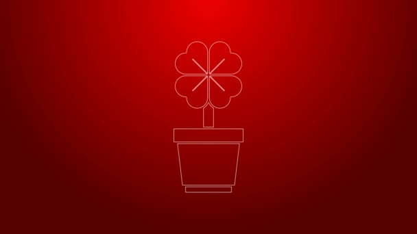 Zelená čára Čtyřlístek jetel v hrnci ikona izolované na červeném pozadí. Šťastný den svatého Patrika. Grafická animace pohybu videa 4K