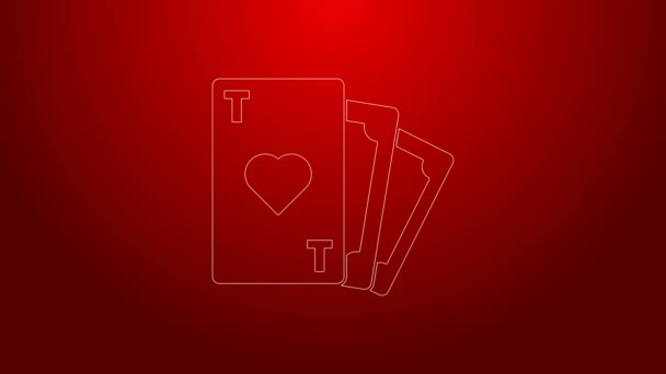 Línea verde Jugando a las cartas con el símbolo del corazón aislado sobre fondo rojo. Juego de casino. Animación gráfica de vídeo 4K — Vídeos de Stock