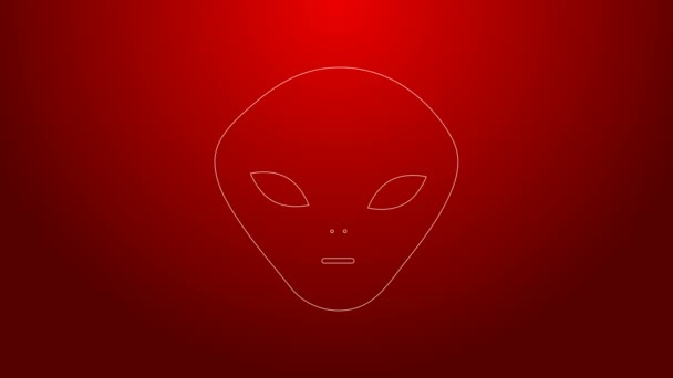 Зелена лінія Піктограма інопланетянина ізольована на червоному тлі. Позаземний інопланетний символ обличчя або голови. 4K Відео рух графічна анімація — стокове відео