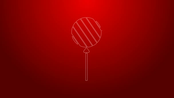 Línea verde Icono de piruleta aislado sobre fondo rojo. Comida, delicioso símbolo. Animación gráfica de vídeo 4K — Vídeos de Stock