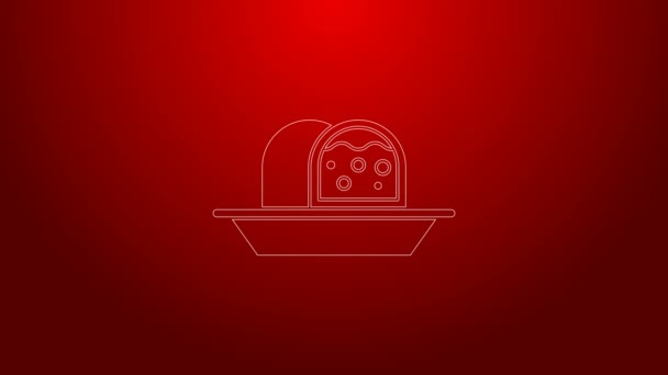 Grüne Linie Marzipan-Biskuitkuchen-Symbol isoliert auf rotem Hintergrund. Frohe Weihnachten und ein gutes neues Jahr. 4K Video Motion Grafik Animation — Stockvideo