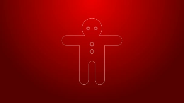 グリーンラインホリデージンジャーブレッドマンクッキーアイコンは、赤の背景に隔離されています。アイシングの男の形をしたクッキー。4Kビデオモーショングラフィックアニメーション — ストック動画