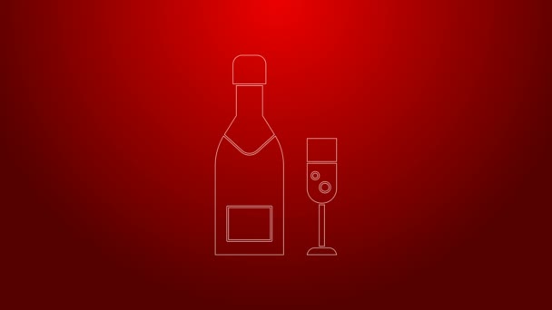 Zöld vonal Champagne üveg és üveg pezsgő ikon elszigetelt piros alapon. Boldog karácsonyt és boldog új évet! 4K Videó mozgás grafikus animáció — Stock videók