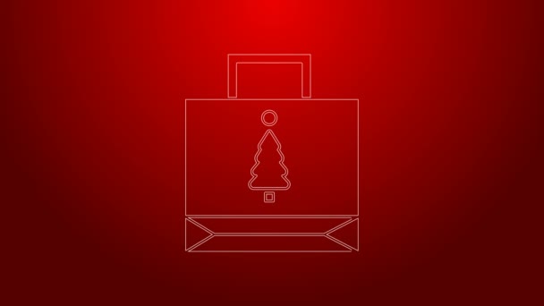 Línea verde Papel navideño bolsa icono aislado sobre fondo rojo. Firma del paquete. Feliz Navidad y Feliz Año Nuevo. Animación gráfica de vídeo 4K — Vídeos de Stock