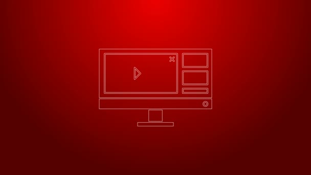 Ligne verte Enregistreur vidéo ou logiciel d'édition sur l'icône de moniteur d'ordinateur isolé sur fond rouge. Animation graphique de mouvement vidéo 4K — Video