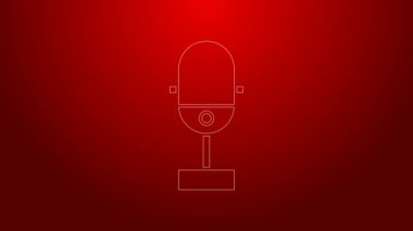 Yeşil çizgi mikrofon simgesi kırmızı arkaplanda izole edildi. Radyodaki mikrofondan. Sözcü işareti. 4K Video hareketli grafik canlandırması