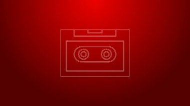 Kırmızı arkaplanda yeşil hat Retro ses kaset simgesi izole edildi. 4K Video hareketli grafik canlandırması