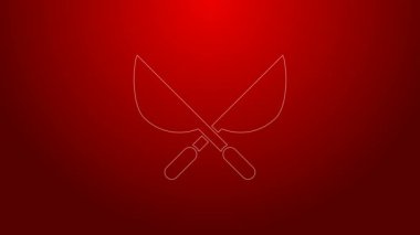 Kırmızı arkaplanda izole edilmiş simgeyi budamak için yeşil çizgili el yapımı makas. Ahşap saplı budama makası. 4K Video hareketli grafik canlandırması