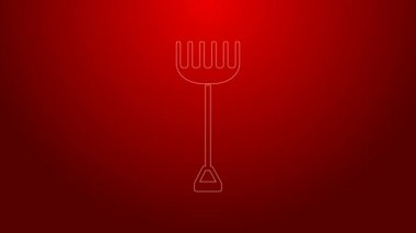 Yeşil çizgi bahçe tırmık simgesi kırmızı arkaplanda izole edildi. Bahçecilik, tarım, çiftçilik aleti. Toprak işçisi. Temizlik ekipmanları. 4K Video hareketli grafik canlandırması