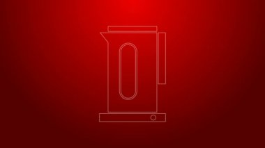 Kırmızı arkaplanda ikon olan yeşil çizgi Kettle. Çaydanlık ikonu. 4K Video hareketli grafik canlandırması
