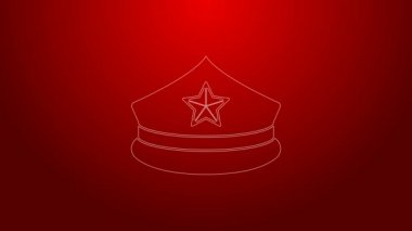 Kırmızı arka planda izole edilmiş papağan ikonlu yeşil çizgi polis şapkası. Polis şapkası işareti. 4K Video hareketli grafik canlandırması
