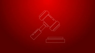 Yeşil çizgi Yargıç Tokmak simgesi kırmızı arkaplanda izole edildi. Gavel cezaların, faturaların, mahkemenin, adaletin hükmünü verecek. Açık arttırma çekici. 4K Video hareketli grafik canlandırması