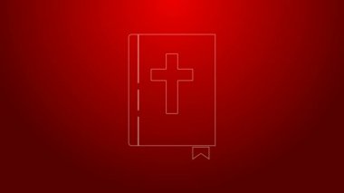 Yeşil çizgi. Kırmızı arkaplanda kutsal kitap ikonu izole edilmiş. 4K Video hareketli grafik canlandırması