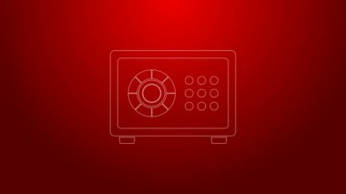 Yeşil çizgi Güvenli simgesi kırmızı arkaplanda izole edildi. Kapı, şifreli bir banka kasası. Güvenilir Veri Koruma. 4K Video hareketli grafik canlandırması