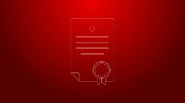 Yeşil çizgi sertifika şablon simgesi kırmızı arkaplanda izole edildi. Başarı, ödül, diploma, burs, diploma. İş başarısı sertifikası 4K Video hareketli grafik canlandırması