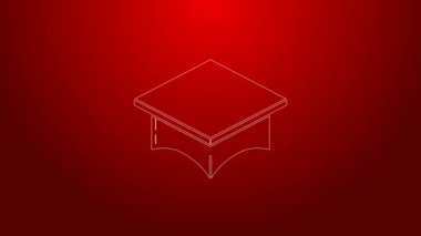 Yeşil çizgi mezuniyet başlığı simgesi kırmızı arkaplanda izole edildi. Tassel ikonlu mezuniyet şapkası. 4K Video hareketli grafik canlandırması