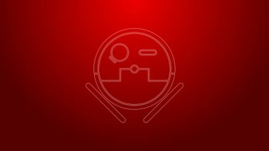 Yeşil çizgi robotu elektrikli süpürge ikonu kırmızı arkaplanda izole edildi. Otomatik süpürme için ev aletleri, ev temizliği için dijital cihazlar. 4K Video hareketli grafik canlandırması