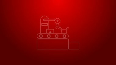 Yeşil çizgi fabrika taşıma sistemi şeridi karton kutular mühendislik makine simgesi kırmızı arka planda izole. Robot endüstrisi konsepti. 4K Video hareketli grafik canlandırması