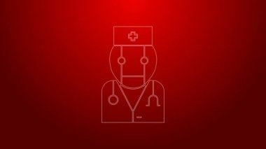 Yeşil çizgi robot doktor ikonu kırmızı arkaplanda izole edildi. Tıbbi online danışmanlık robot silueti yapay zeka. 4K Video hareketli grafik canlandırması