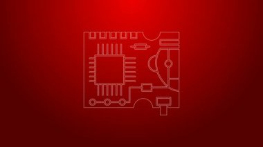 Yeşil çizgi yazdırılmış PCB simgesi kırmızı arkaplanda izole edildi. 4K Video hareketli grafik canlandırması