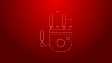 Yeşil çizgi Mekanik robot el simgesi kırmızı arkaplanda izole edildi. Robot kol sembolü. Teknolojik konsept. 4K Video hareketli grafik canlandırması