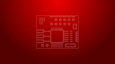 Yeşil çizgi yazdırılmış PCB simgesi kırmızı arkaplanda izole edildi. 4K Video hareketli grafik canlandırması