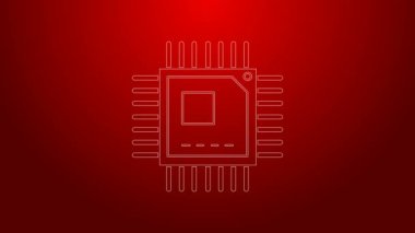 Kırmızı zemin üzerinde mikro devreli işlemci simgesi olan yeşil çizgi bilgisayar işlemcisi. Devre kartı işaretli çip ya da işlemci. Mikro işlemci. 4K Video hareketli grafik canlandırması