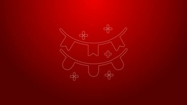 Kırmızı zemin üzerinde bayrak simgesi olan yeşil çizgi karnaval çelengi. Doğum günü kutlaması, festival ve güzel dekorasyon için parti flamaları. 4K Video hareketli grafik canlandırması