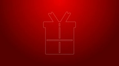 Yeşil çizgi hediye kutusu simgesi kırmızı arkaplanda izole edildi. Doğum günün kutlu olsun. 4K Video hareketli grafik canlandırması