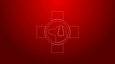 Yeşil çizgi Veterinerlik Kliniği sembolü kırmızı arka planda izole edildi. Köpek veterinerliği ile karşılaştır. Evcil hayvan ilk yardım işareti. 4K Video hareketli grafik canlandırması