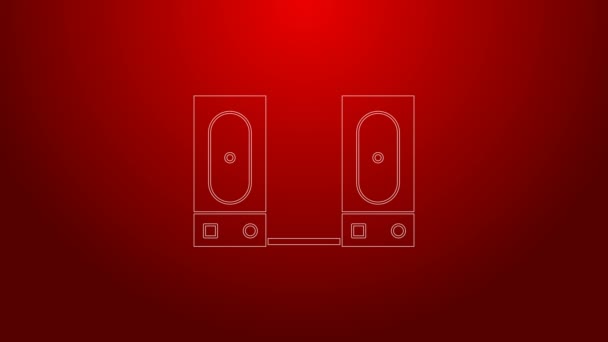 Línea verde Icono de altavoz estéreo aislado sobre fondo rojo. Altavoces del sistema de sonido. Icono musical. Equipo de altavoz de columna musical bajo. Animación gráfica de vídeo 4K — Vídeo de stock