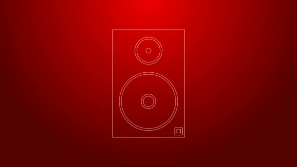 Línea verde Icono de altavoz estéreo aislado sobre fondo rojo. Altavoces del sistema de sonido. Icono musical. Equipo de altavoz de columna musical bajo. Animación gráfica de vídeo 4K — Vídeos de Stock