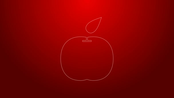 Yeşil çizgi Apple simgesi kırmızı arkaplanda izole edildi. Yaprak sembollü meyve. 4K Video hareketli grafik canlandırması — Stok video